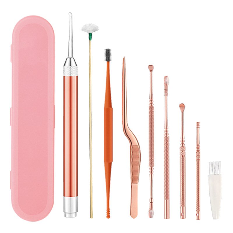 Bộ lấy ráy tai có đèn cho bé và người lớn, dụng cụ vệ sinh tai cao cấp cho gia đình 9 món