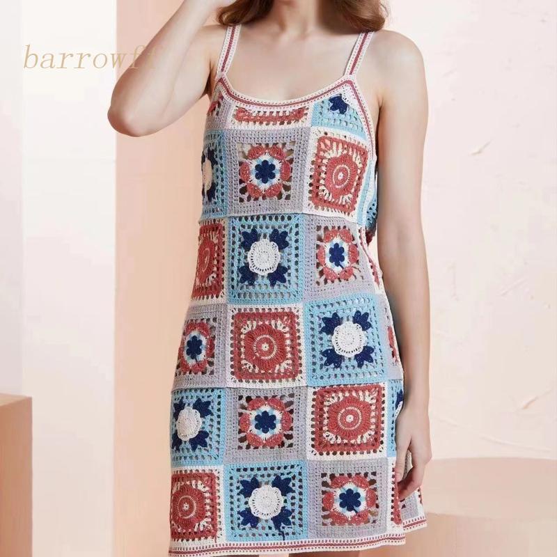 Brroa Đầm Midi Hai Dây Dệt Kim Dáng Chữ A Hở Lưng Họa Tiết Hoa Nhiều Màu Sắc Phong Cách Boho Đi Biển Cho Nữ