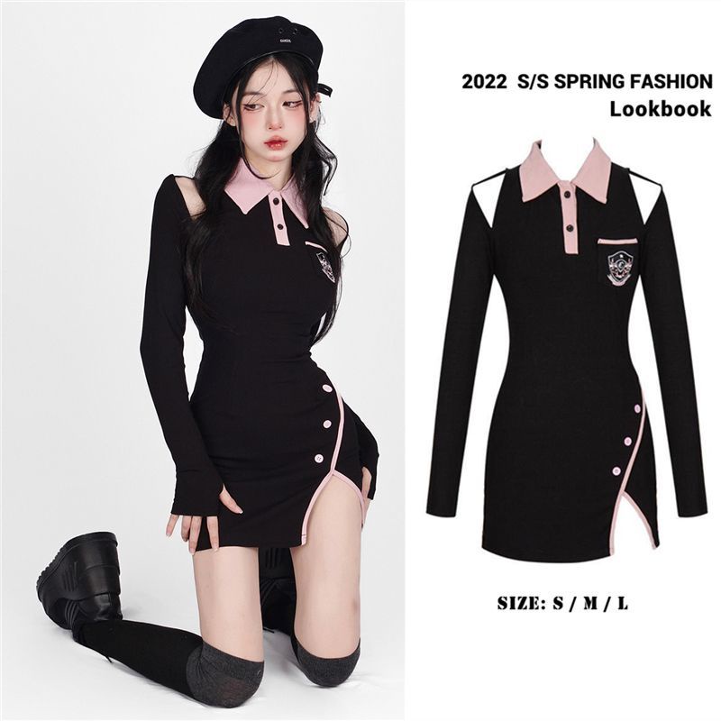 Y2k Váy polo Tay Dài Ôm Eo Xẻ Tà Cài Nút Màu Đen Ngọt Ngào Thời Trang Xuân Thu Mới Dành Cho Bạn Nữ