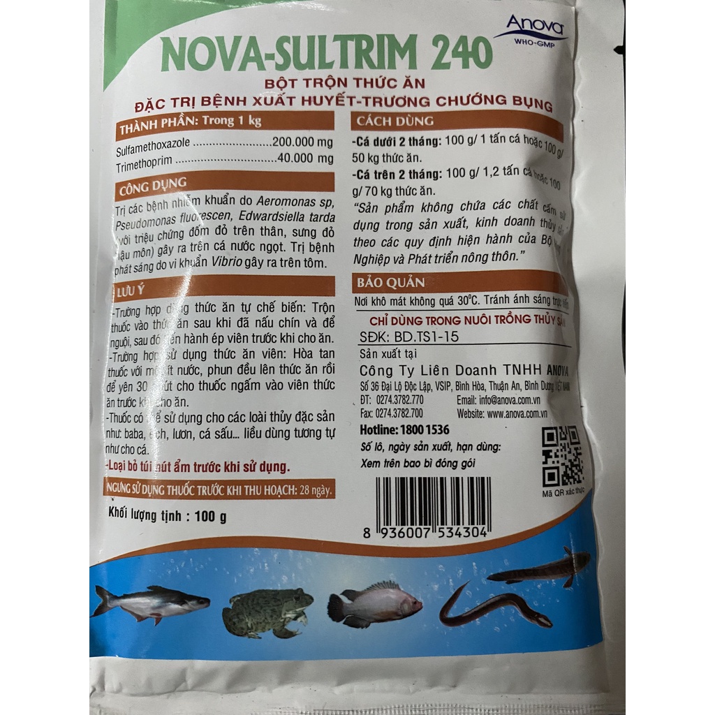 Bột trộn ăn X.uất h.uyết, trương chướng bụng trên ếch, lươn, cá, baba, cá sấu,.... nova sultrim 100gr
