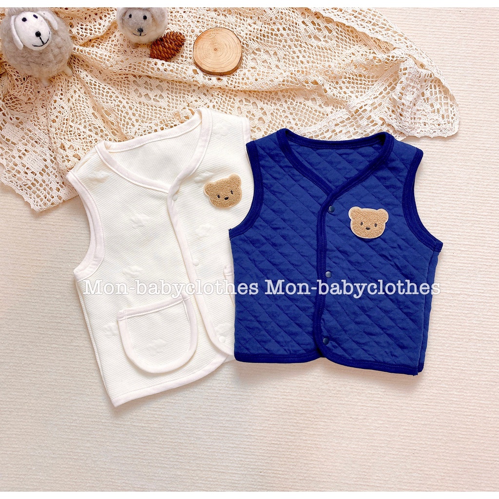 Áo khoác gile xanh than trần mỏng cho bé gái bé trai thêu gấu dễ thương [6-14kg]