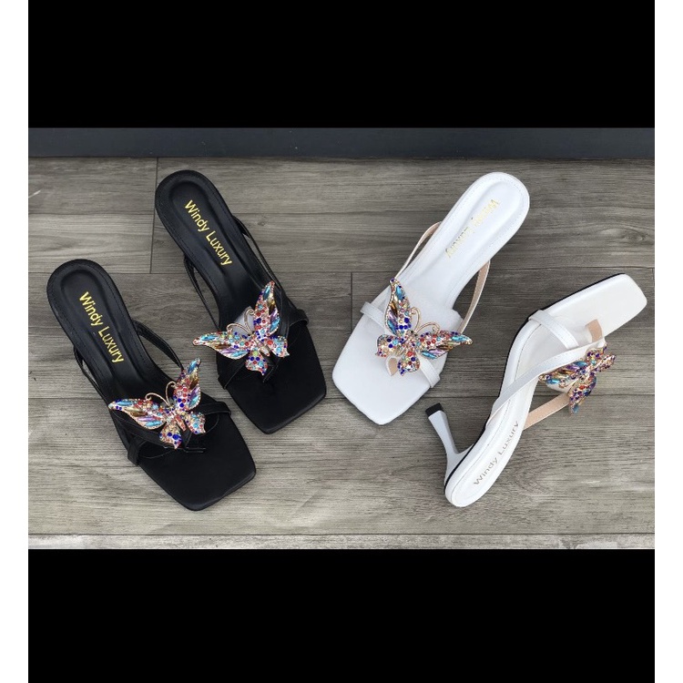 Guốc nữ gót nhọn mũi vuông quai dây tag bướm cao gót 5 phân bigsize G016