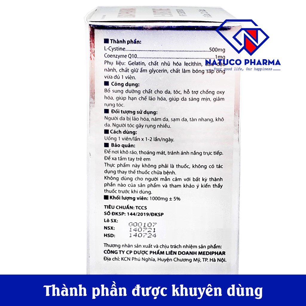 Viên uống L-Cystine with Coenzyme Q10 giúp đẹp da, khỏe tóc, giảm gãy rụng tóc, giảm nám sạm da - 60 viên