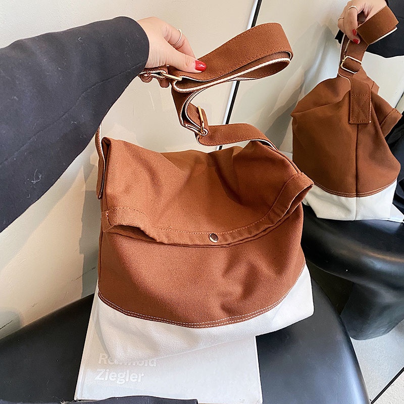 Túi Đeo Vai Bằng Vải canvas Màu Khối Sức Chứa Lớn Phong Cách Hong Kong Dành Cho Nữ