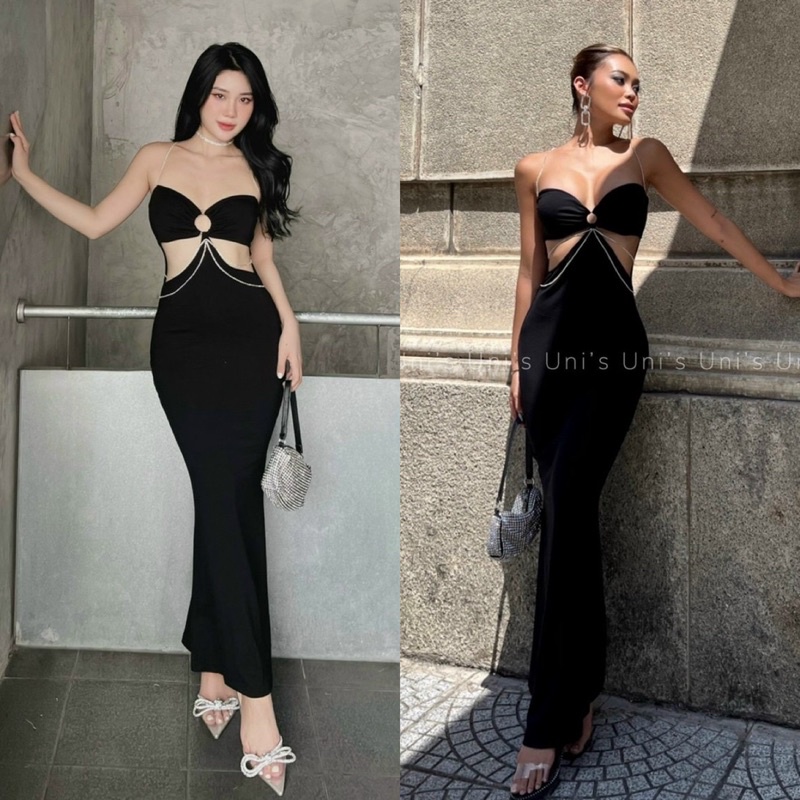 Đầm thun ôm body loe dài 2 dây đính đá khoen ngực khoét hở eo, váy thời trang hotgirl thiết kế dự tiệc sự kiện dạ hội