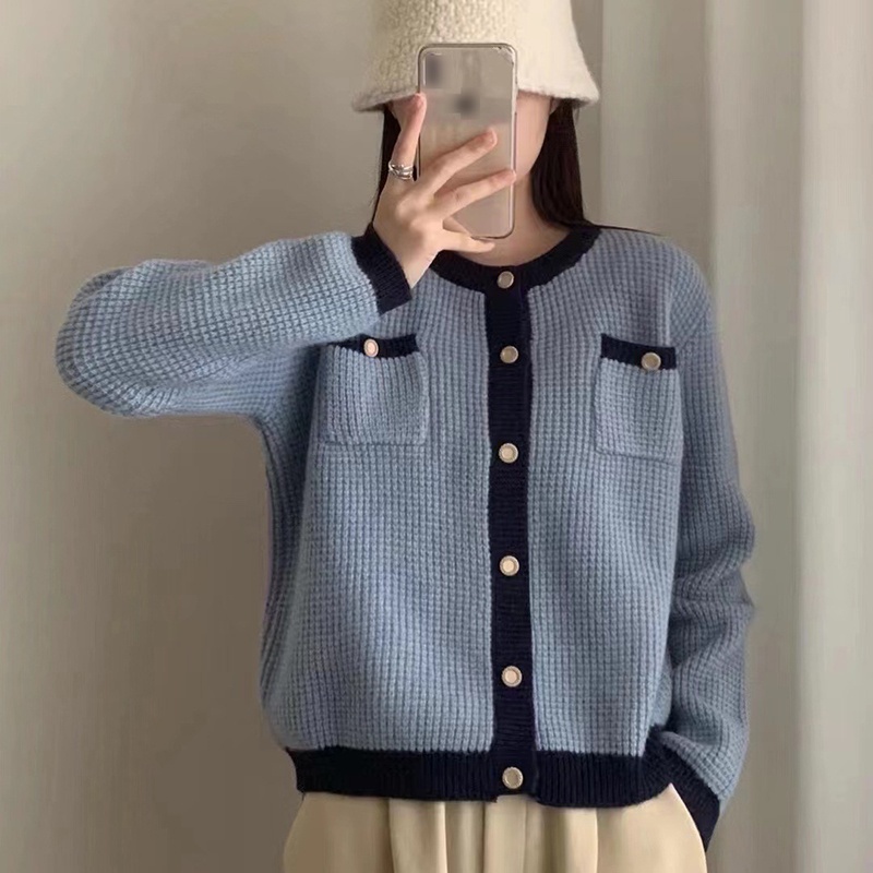 IELGY   Áo Khoác cardigan Dệt Kim Màu Be Có Túi Kiểu Pháp Cho Nữ