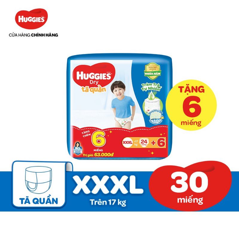 Tã quần Huggies Dry Tràm Trà Tự Nhiên XXXL22 tặng 6 cho bé trên 17kg