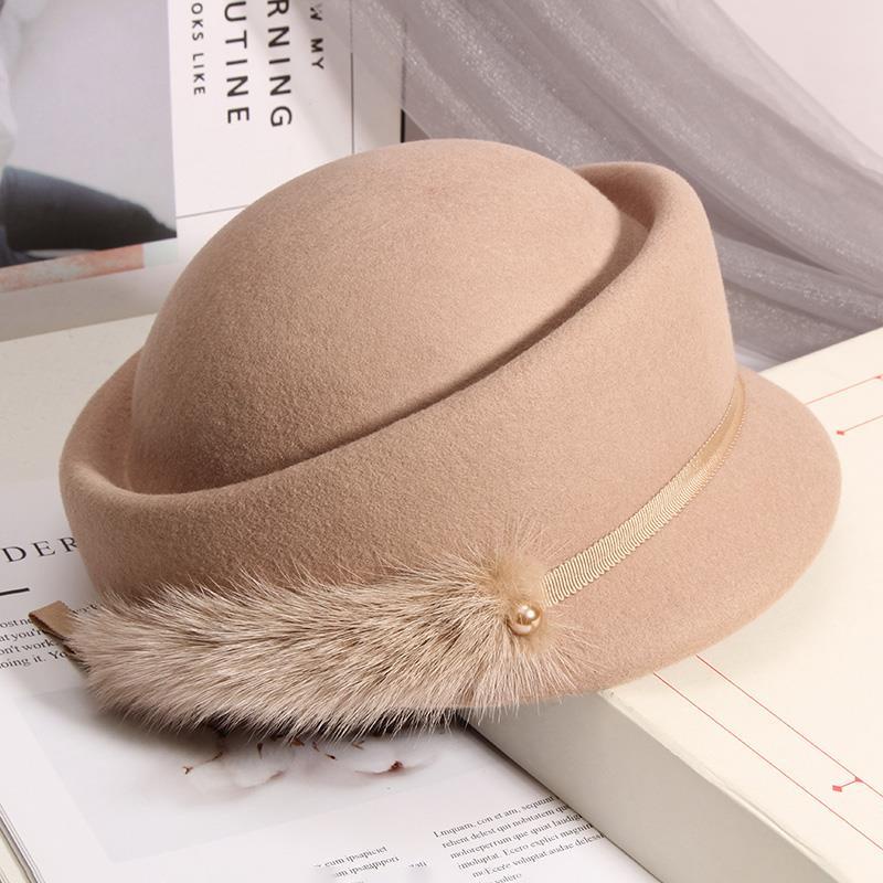 Mũ Beret Lông Cừu Đính Ngọc Trai Nhân Tạo Phong Cách Anh Quốc Thời Trang Thu Đông Mới