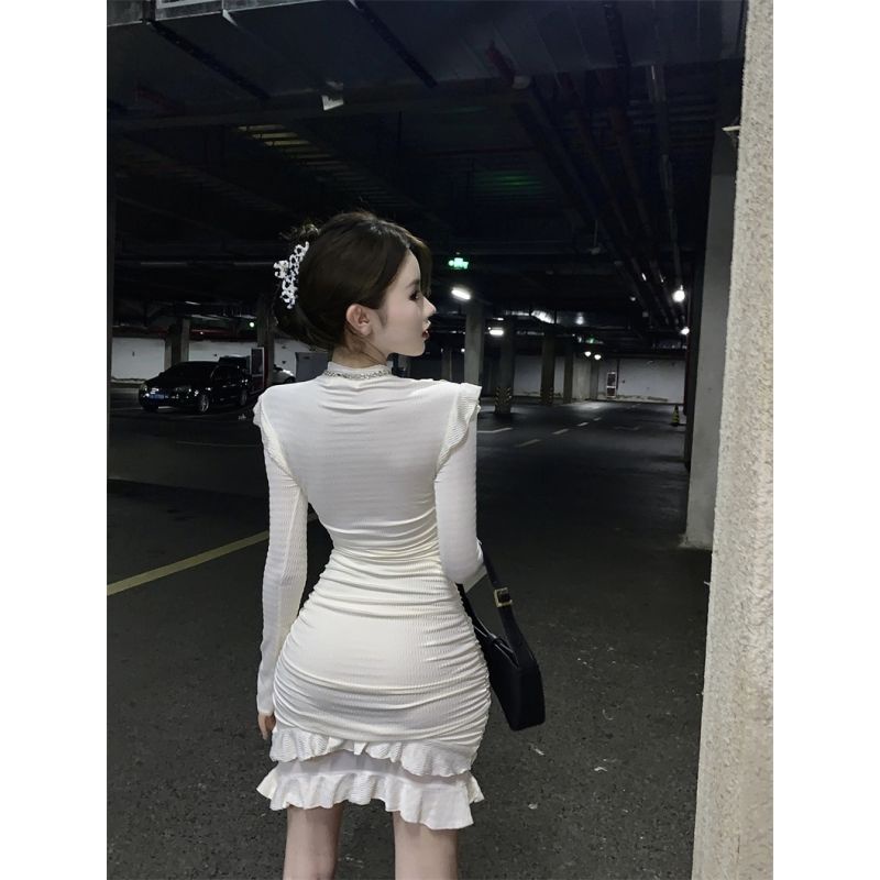 Jiashucheng Đầm Nữ Dài Tay Phối Lưới Dáng Ôm Xếp Ly Phong Cách Tòa Án Pháp