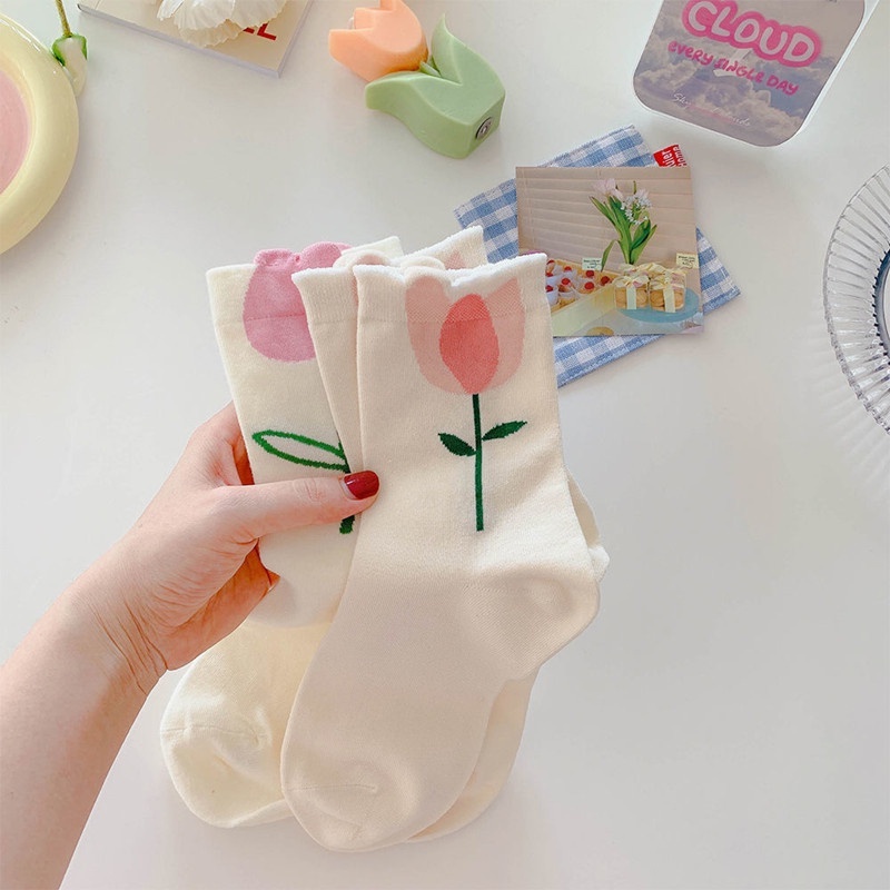 Vớ Cổ Trung Thoáng Khí In Họa Tiết Hoa Tulip Màu Sắc Ngọt Ngào Thời Trang Xuân Thu Cho Nữ