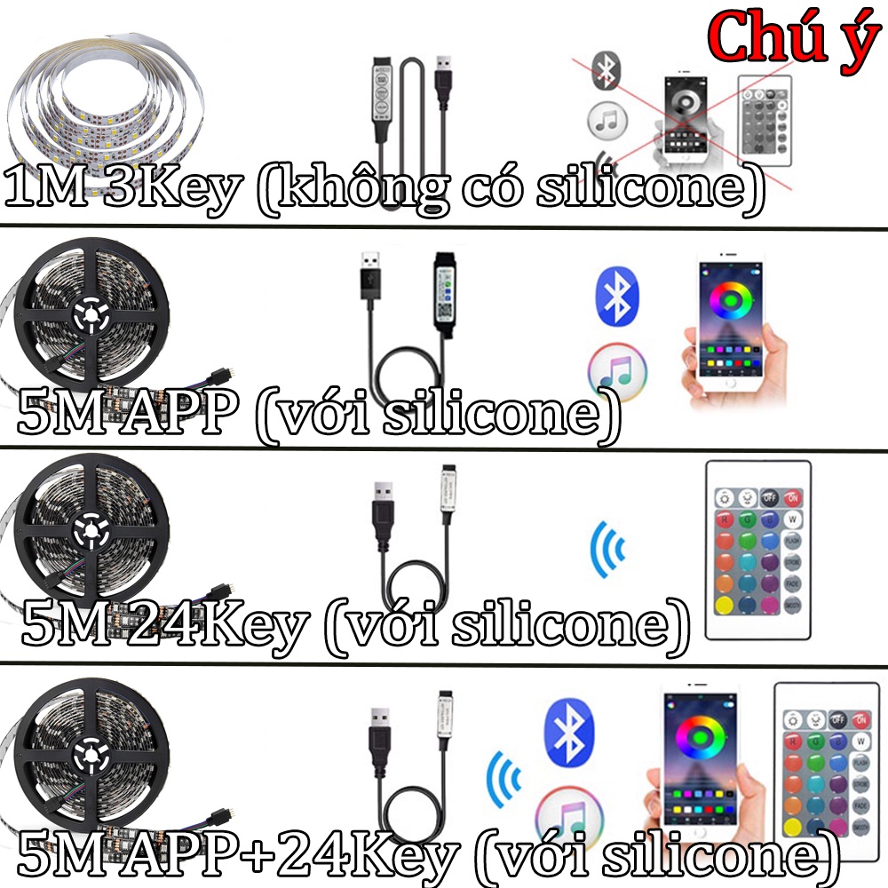 Đèn dây led RGB 5M với Silicone Không thấm nước 16 triệu màu điều khiển bằng điện thoại, nháy theo nhạc, trang trí decor phòng