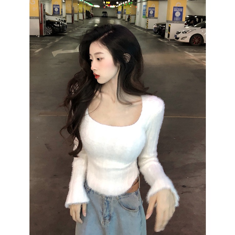 QADCOL Áo sweater Croptop Giả Lông Chồn Cổ Vuông Thời Trang Mùa Thu Cho Nữ