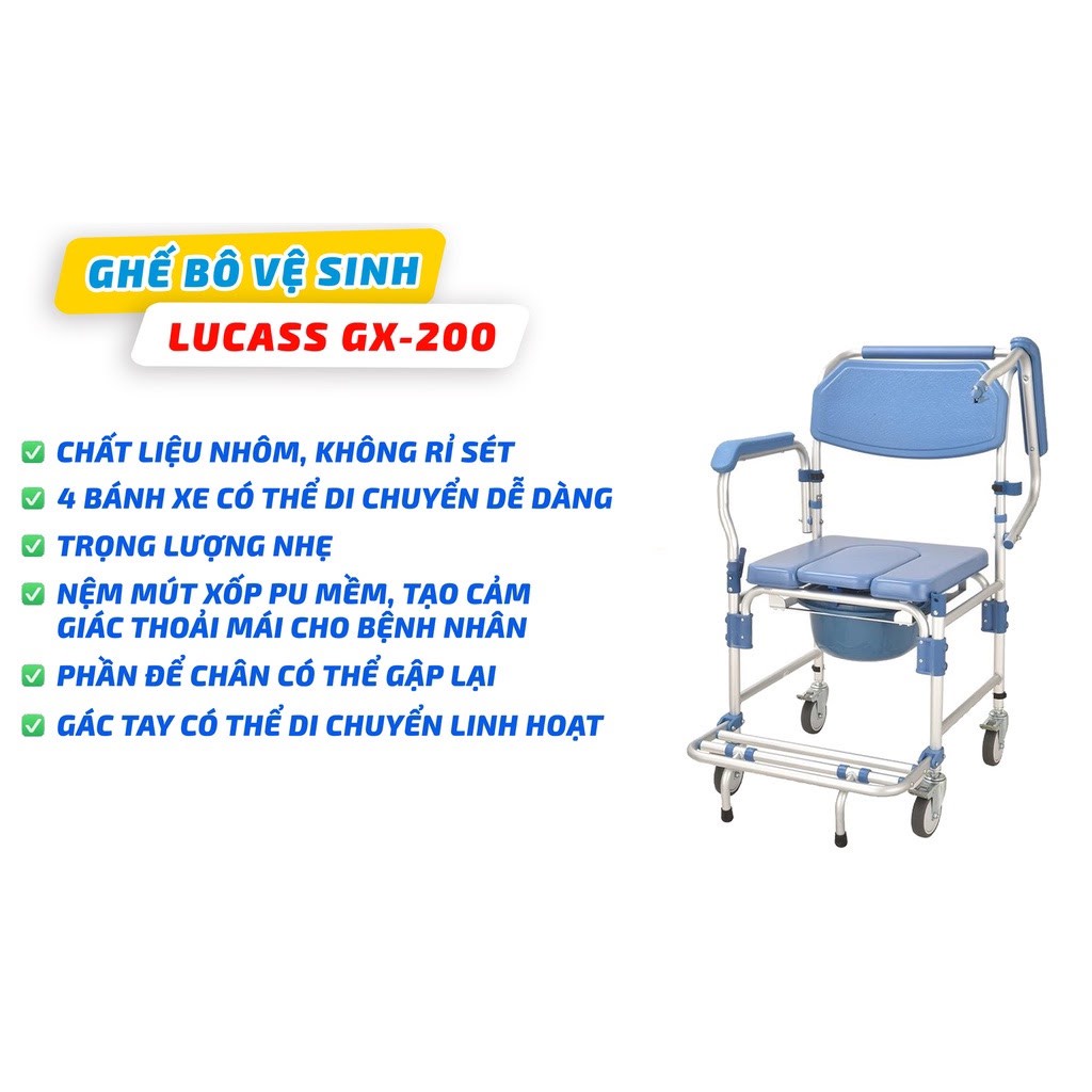 Ghế Bô Vệ Sinh Có Bánh Xe, Khung Nhôm Nhẹ, Đệm Da Pu, Có Gác Chân Lucass GX-200