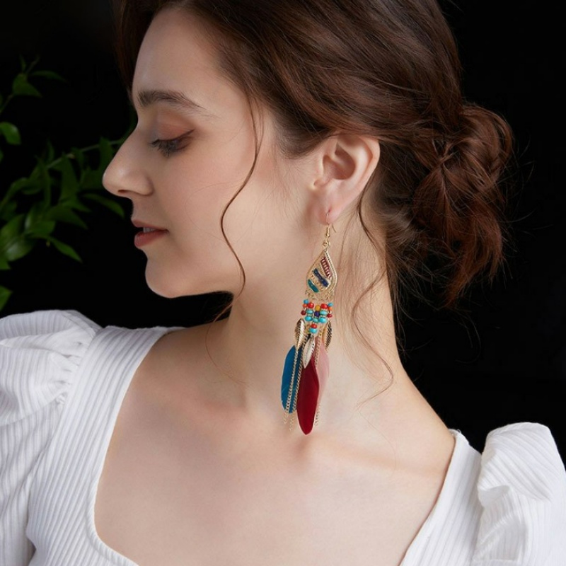 Bông Tai Dáng Dài Phối Lông Vũ Phong Cách Bohemian Thời Trang Cho Nữ