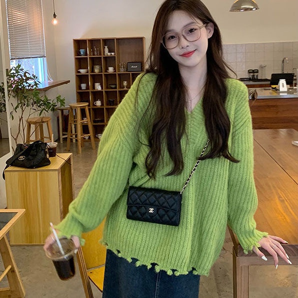Áo Sweater Trơn Cổ Chữ V Dáng Rộng Thời Trang Xinh Xắn Cho Nữ
