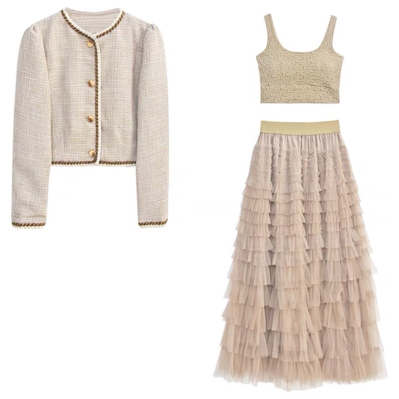 Set 3 món tiểu thư áo dạ tweed và chân váy voan xếp tầng