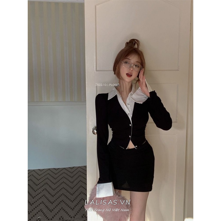 Áo Sơ Mi Dáng Ngắn Phối Hai Màu Đen Trắng Phong Cách Hàn Quốc Quyến Rũ