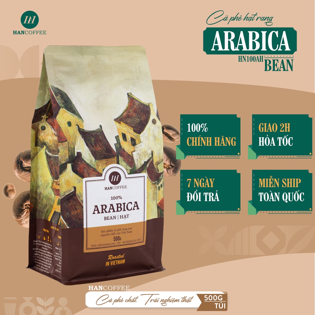 Cà Phê HANCOFFEE Arabica Nguyên Chất Rang Mộc, Đắng Dịu Nhẹ, Túi 500gr DẠNG HẠT - HN100AH