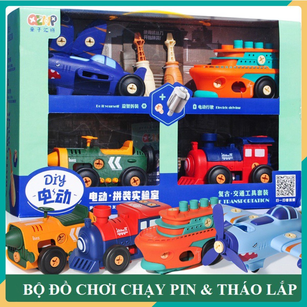 Bộ 04 món đồ chơi lắp ráp các loại phương tiện giao thông máy bay, tàu hỏa, xe ô tô, tàu thủy - Gắn mô tơ chạy pin AA