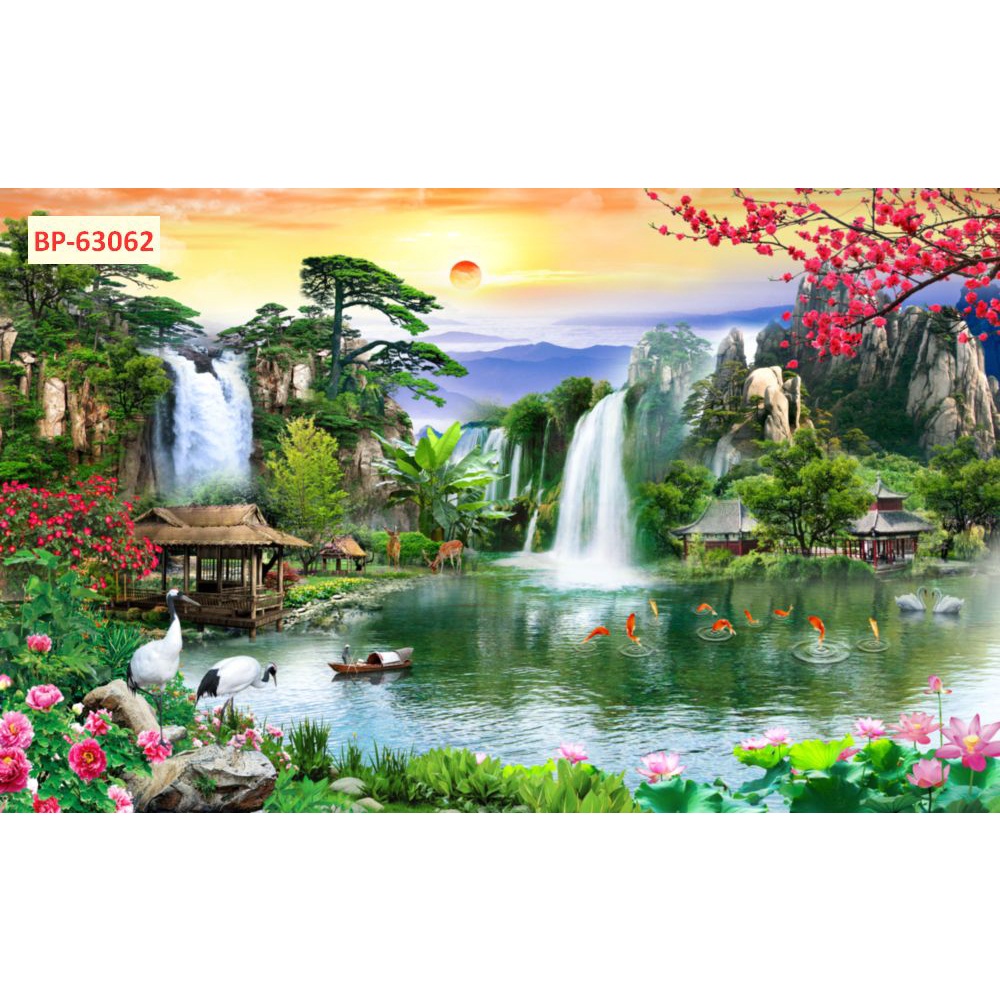 Tranh SƠN THUỶ dán tường thác nước thiên nhiên trong lành