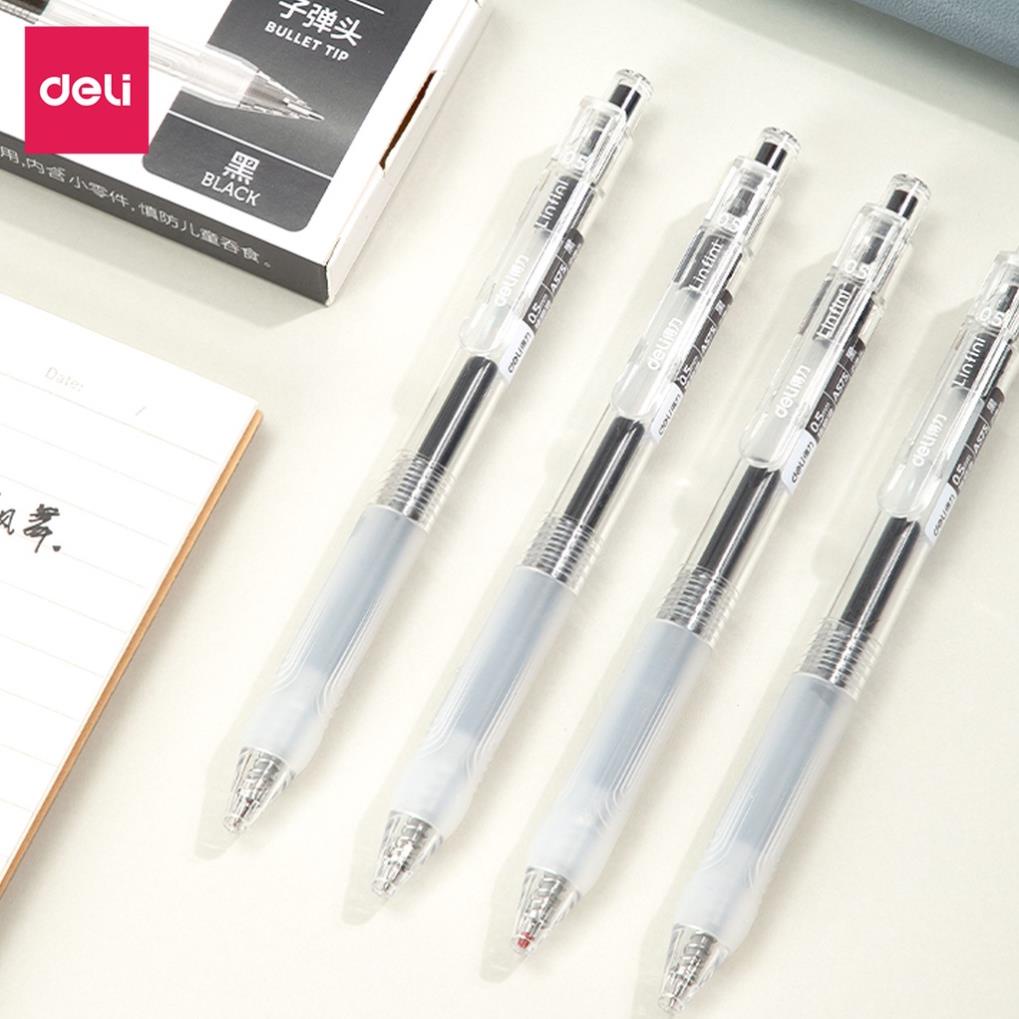 Bút bi gel bấm văn phòng Deli mực đen ngòi 0.5mm học sinh mực đều nét chữ đẹp  A575 - có ruột xanh thay thế .