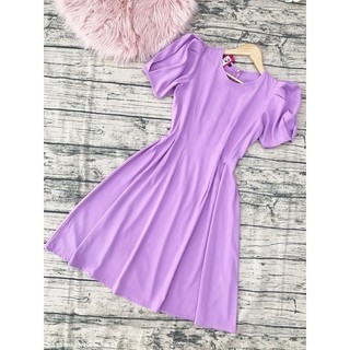 (Có size) Đầm thun xoè xếp ly eo tay phồng tím pastel phom basic
