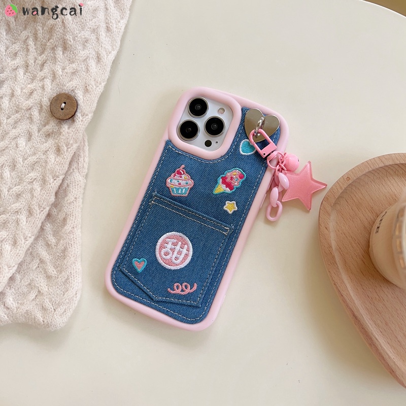 Ốp Điện Thoại Denim Thêu Hình Cô Gái Và Que Kem Cho iPhone 14 Plus 14 13 12 11 Pro Max
