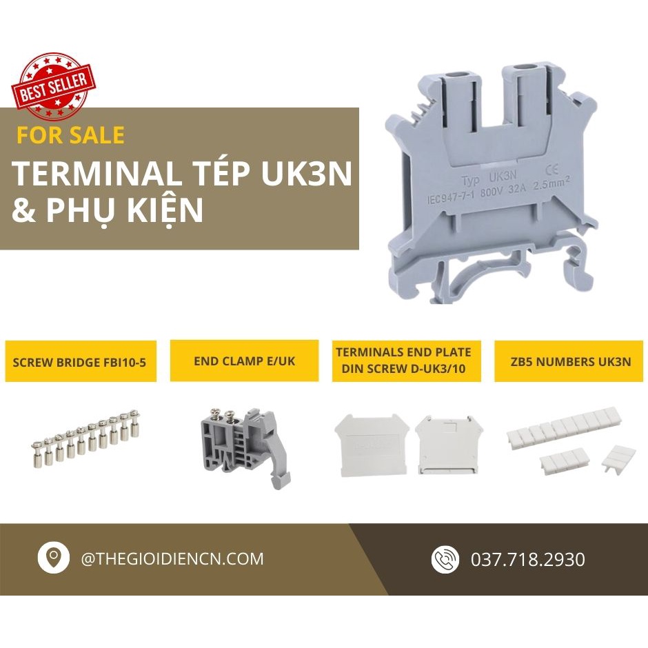 Cầu đấu dây UK-3N 2.5mm2 - UK3N - Terminal block 2.5 mm² - Terminal UK3N- 100 cái/ hộp, Terminal Nối Dây Điện, Cầu đấu