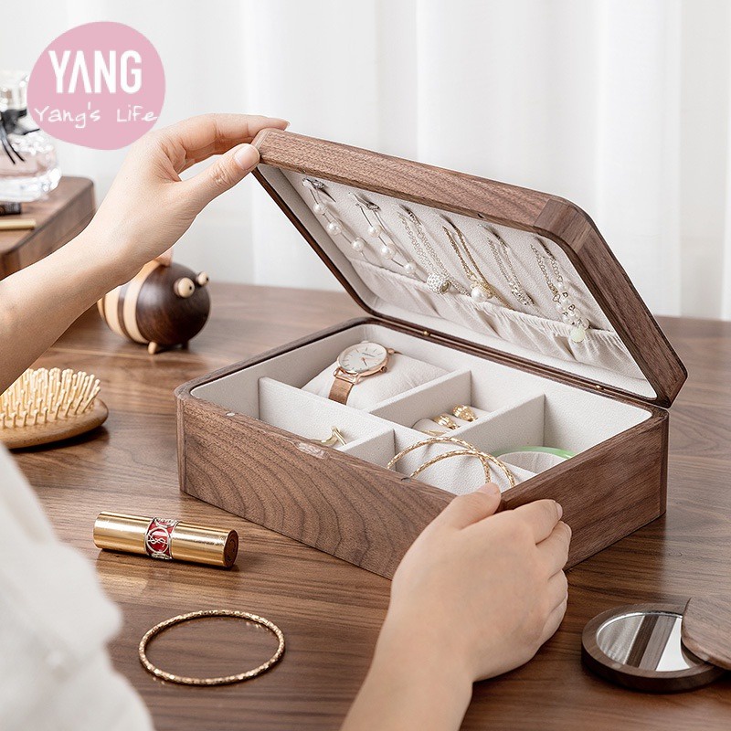 Hộp Gỗ Hai Tầng Cỡ Lớn Có Gương Đựng Trang Sức Phong Cách Retro Hộp Đựng Đồ Cỡ Lớn Tiện Dụng