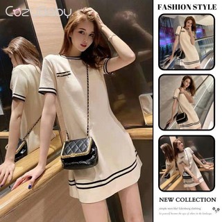 Femininechic thời trang mới đầm nữ cổ tròn tay ngắn sọc đầm nữ