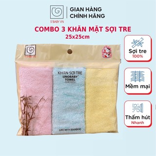 Combo 3 Khăn Mặt Trẻ Em Sợi Tre S'BABY 25x25cm Theo Tiêu Chuẩn Xuất Nhật, An Toàn Cho Da - 8936137960103 (Túi)