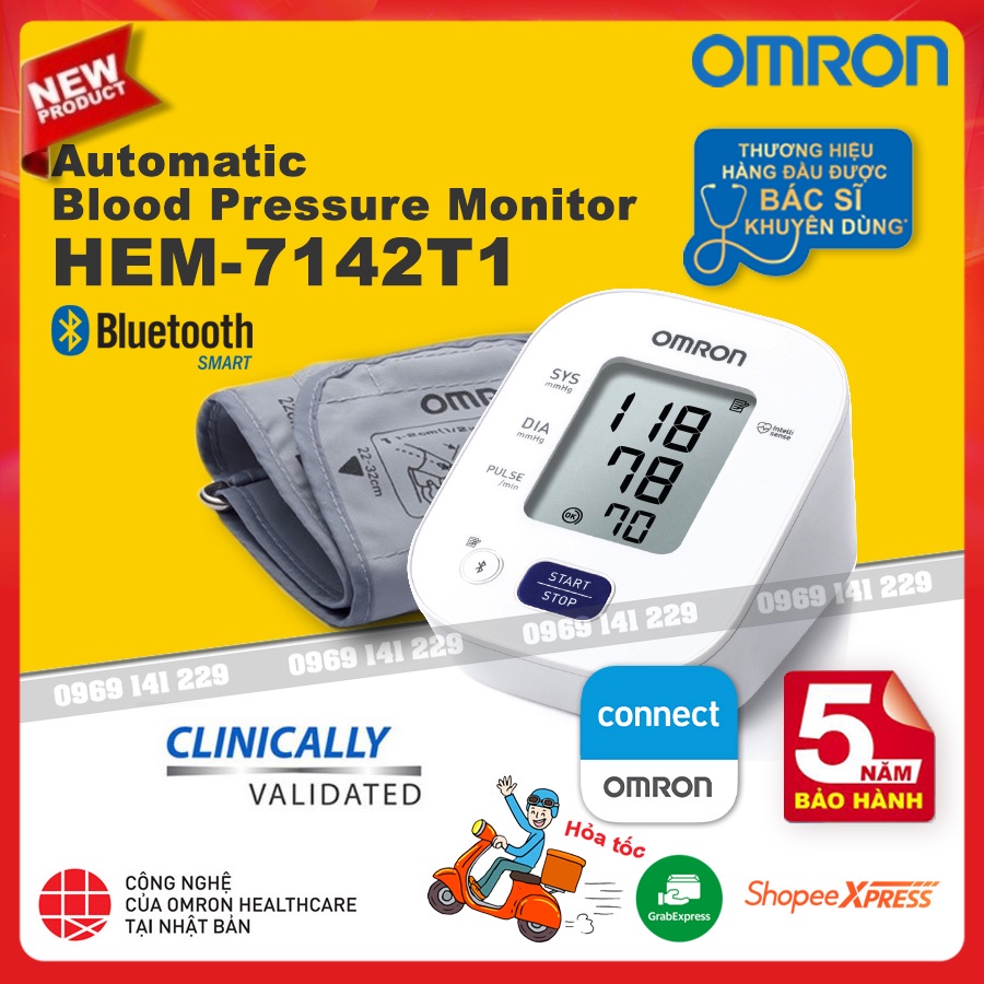 Máy đo huyết áp tư động bắp tay OMRON HEM-7142T1, bảo hành 5 năm, đơn giản, dễ sử dụng, kết nối Bluetooth