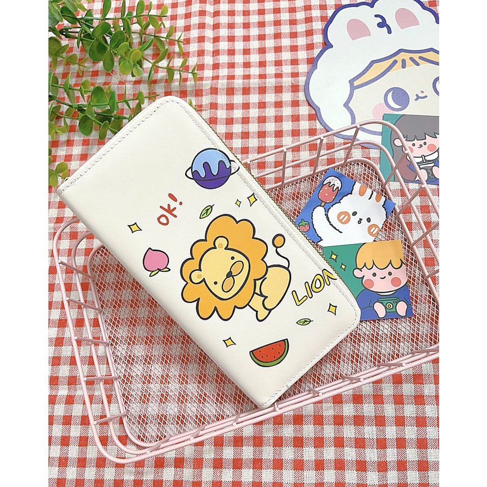 Ví Dài Cầm Tay, Bóp Cầm Tay Nữ Họa Tiết Hoạt Hình Cute Nhiều Ngăn Khóa Kéo Vàng