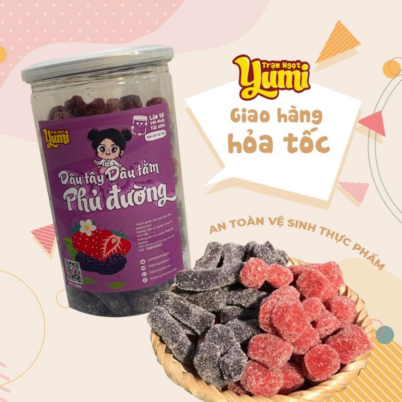 Dâu tây dâu tằm phủ đường Yumi 500g kẹo hoa quả mix chua ngọt ăn vặt trái cây thơm ngon