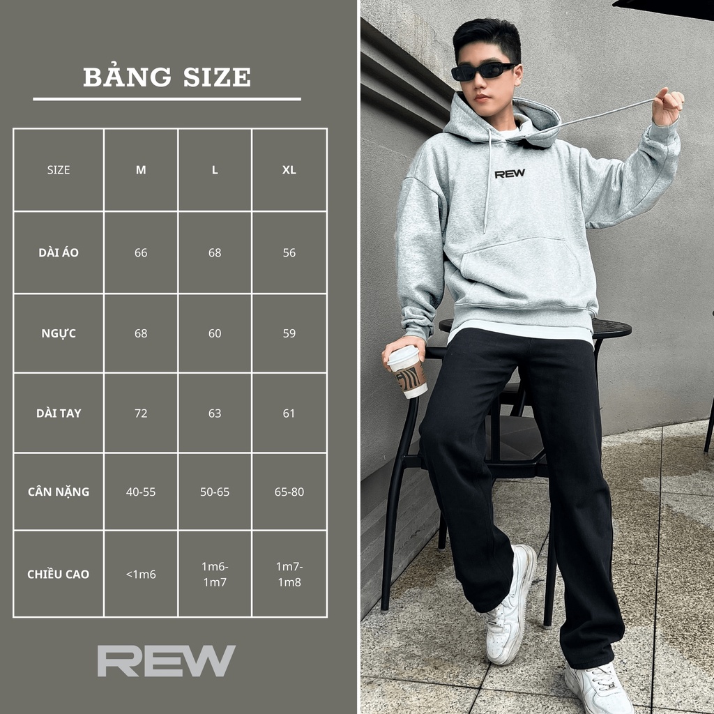Áo Hoodie xám ghi nhạt form rộng 100% Cotton REW