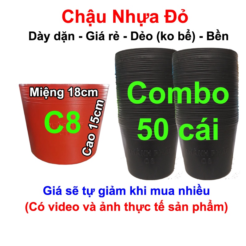 50 Chậu nhựa đỏ C8 trồng hoa Vạn Thọ Tết, trồng rau, trồng cây (18x15cm)