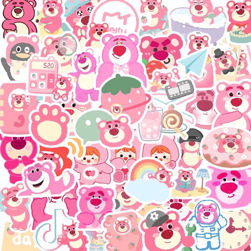 Sticker gấu dâu tây lotso dán nón bảo hiểm/sổ/nhật ký/vali chống thấm nước De Perier