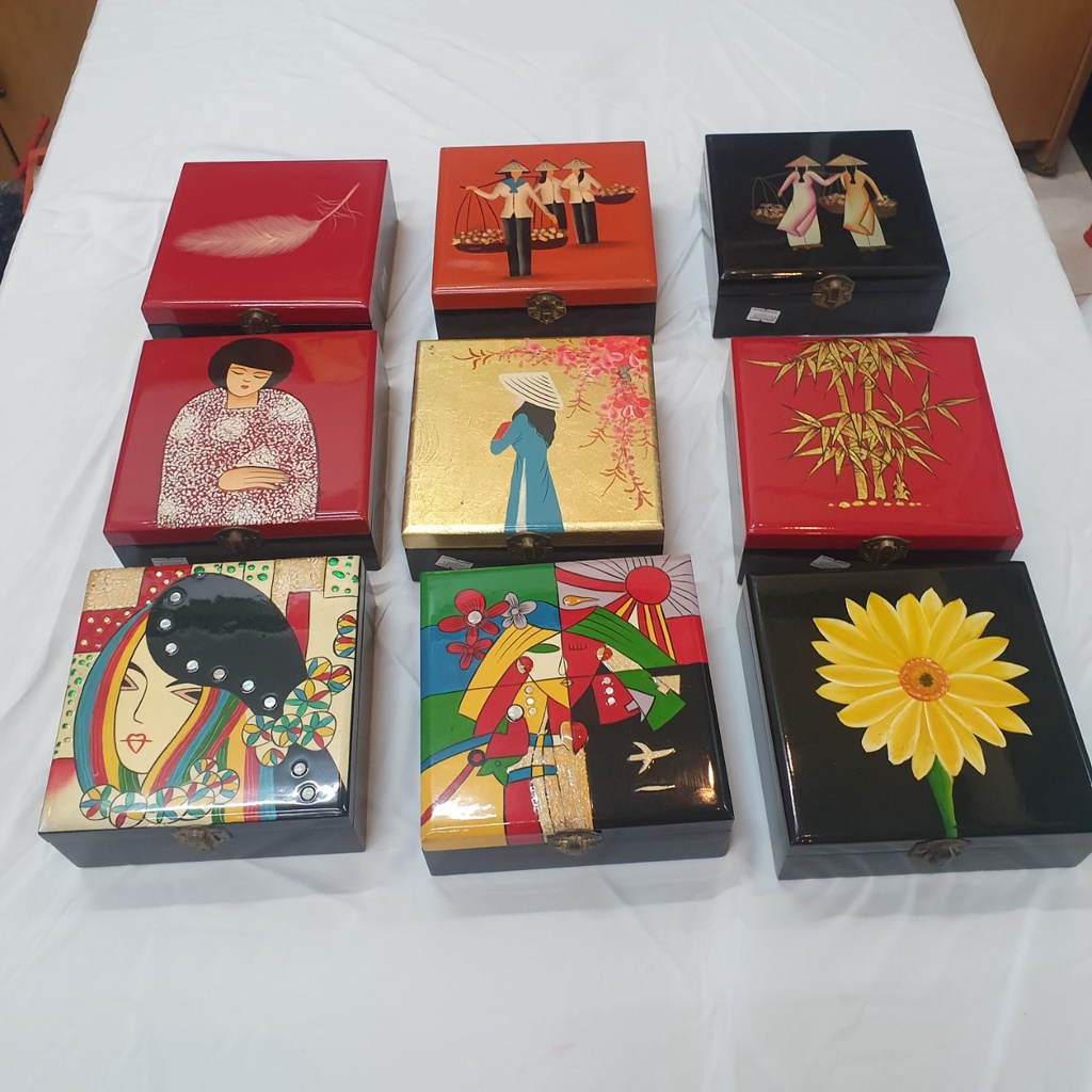 Hộp Trang Sức sơn mài Thanh Bình Lê cao cấp vuông 16.5x16.5x6 cm đựng đồ trang sức, vật dụng nhỏ phòng ngủ, trang trí