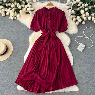 #2783 Đầm tay ngắn cổ tròn xếp ly 10 màu kèm dây buộc eo