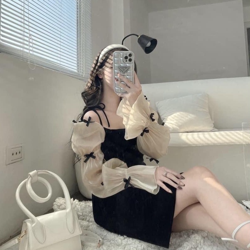 𝙏𝙚𝙩 𝘾𝙤𝙡𝙡𝙚𝙘𝙩𝙞𝙤𝙣/ Đầm nhung tiểu thư chữ A đính nơ phối tay voan phồng