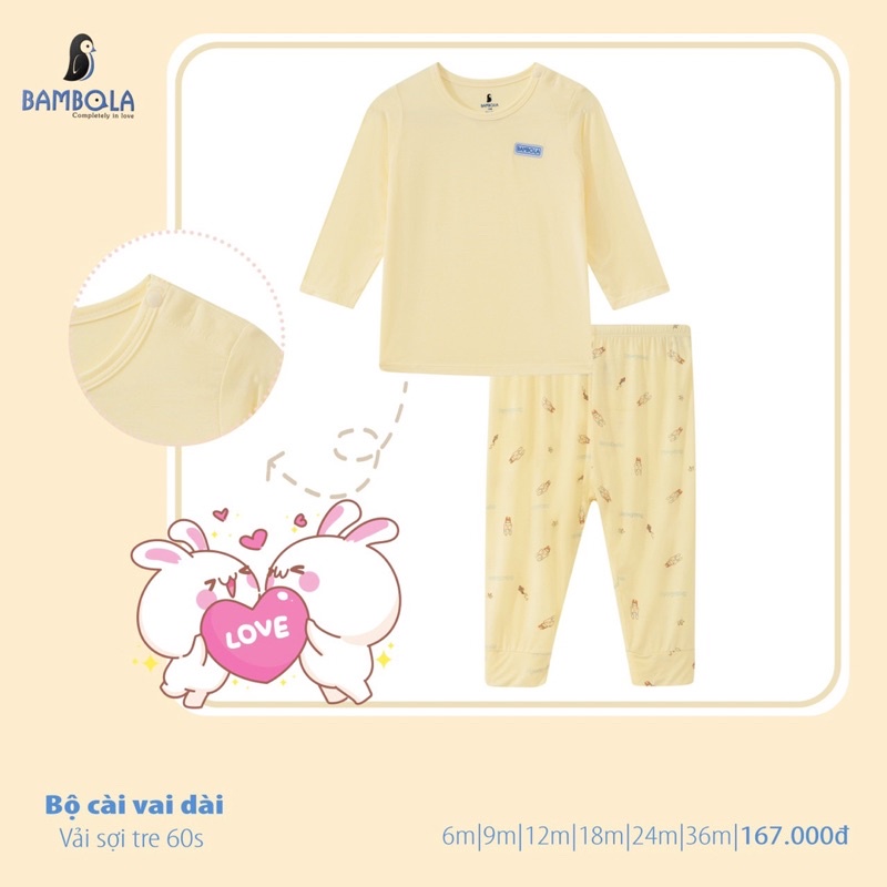 Bộ dài tay cho bé, quần áo trẻ em cho bé trai, gái cài vai Petit sợi tre Bambola từ 6 tháng đến 3 tuổi, 8g đến 16kg