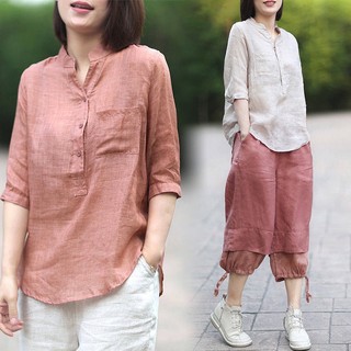 Áo sơ mi nữ dáng xuông vải đũi mềm ,thoáng mát, fullsize đến 90kg A25