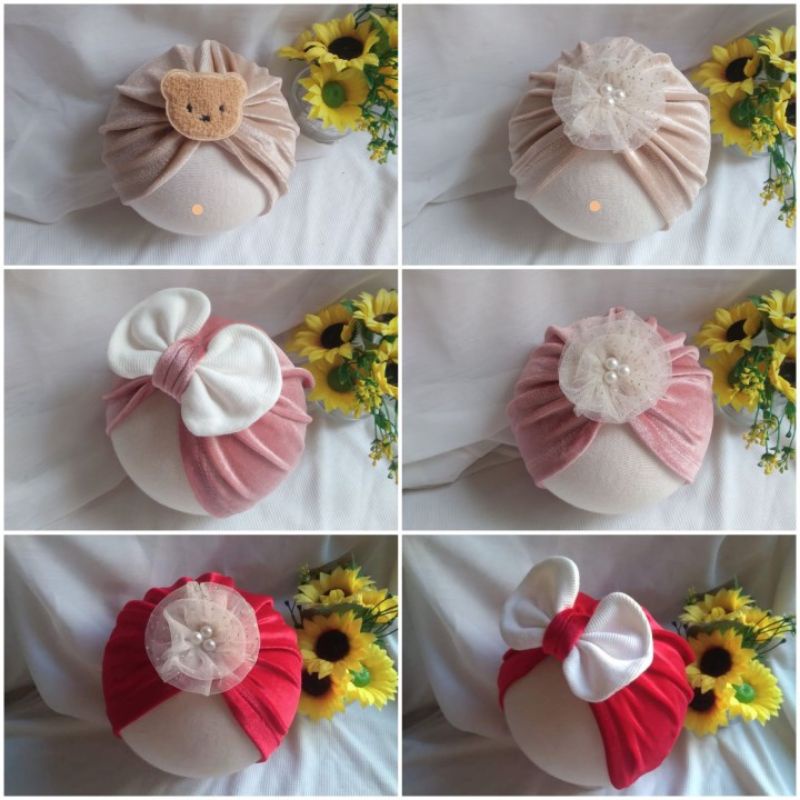 (Link Màu BE) Mũ Turban Nhung Nhiều Kiểu Cho Bé