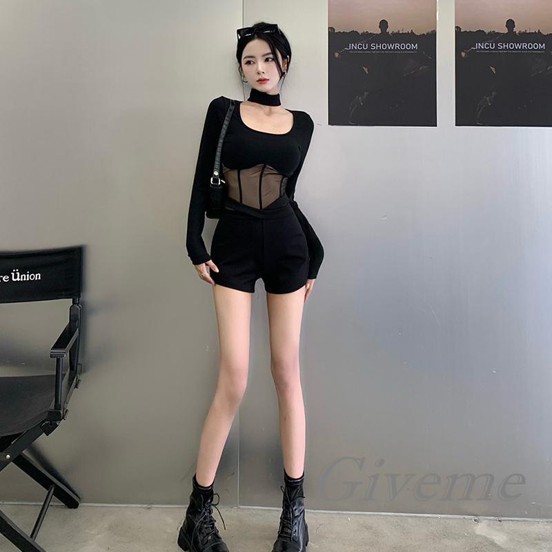 Áo Sơ Mi Tay Dài Cổ Vuông Màu Trơn Phối Lưới Thời Trang Đường Phố Cho Nữ