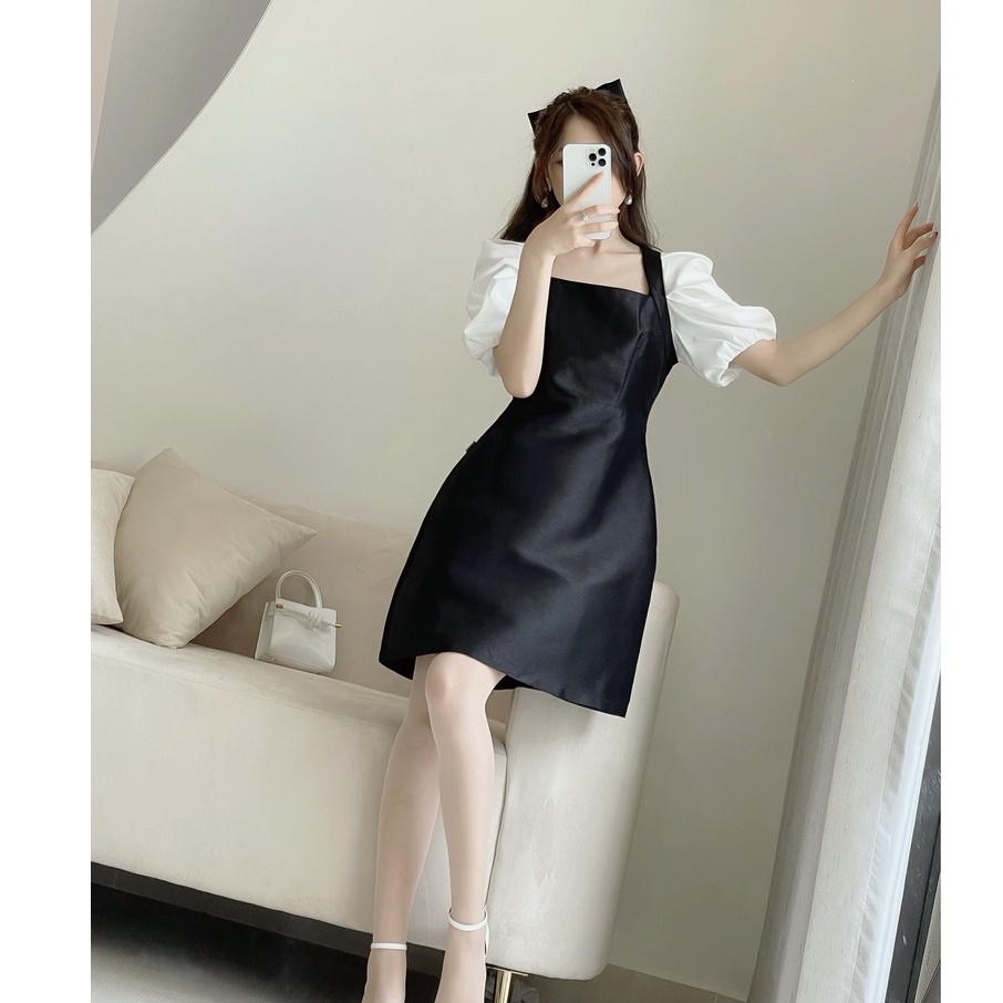 Váy cổ vuông tay bồng LYRA thiết kế, chất tapta màu đen dáng xòe lên form tôn dáng sang chảnh-LWTVD400