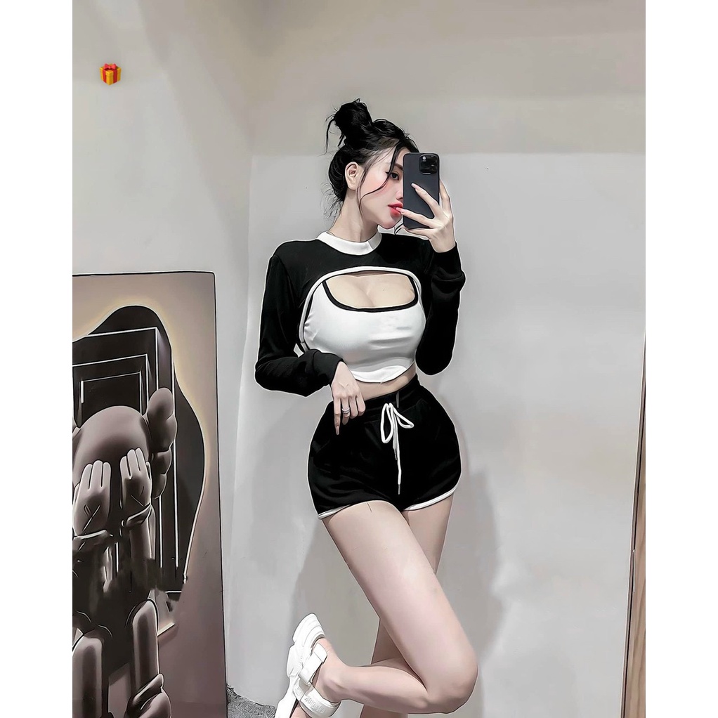 set 3 món cá tính thể thao năng động, hở ngực quần short chất gân
