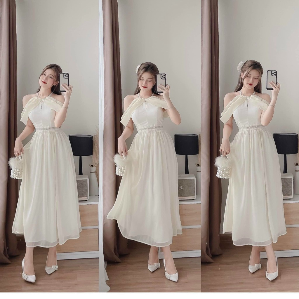 Đầm voan chinfon trễ vai phối dây cườm cổ , dây cườm eo thiết kế kiểu dáng sang trọng