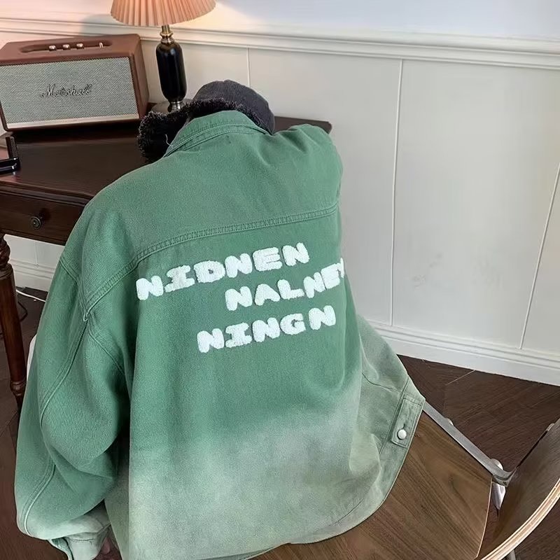 Nhà Máy outlet Áo Khoác denim Màu Xanh Lá gradient Thêu Chữ hiphop Mùa Thu Mới Cho Cặp Đôi