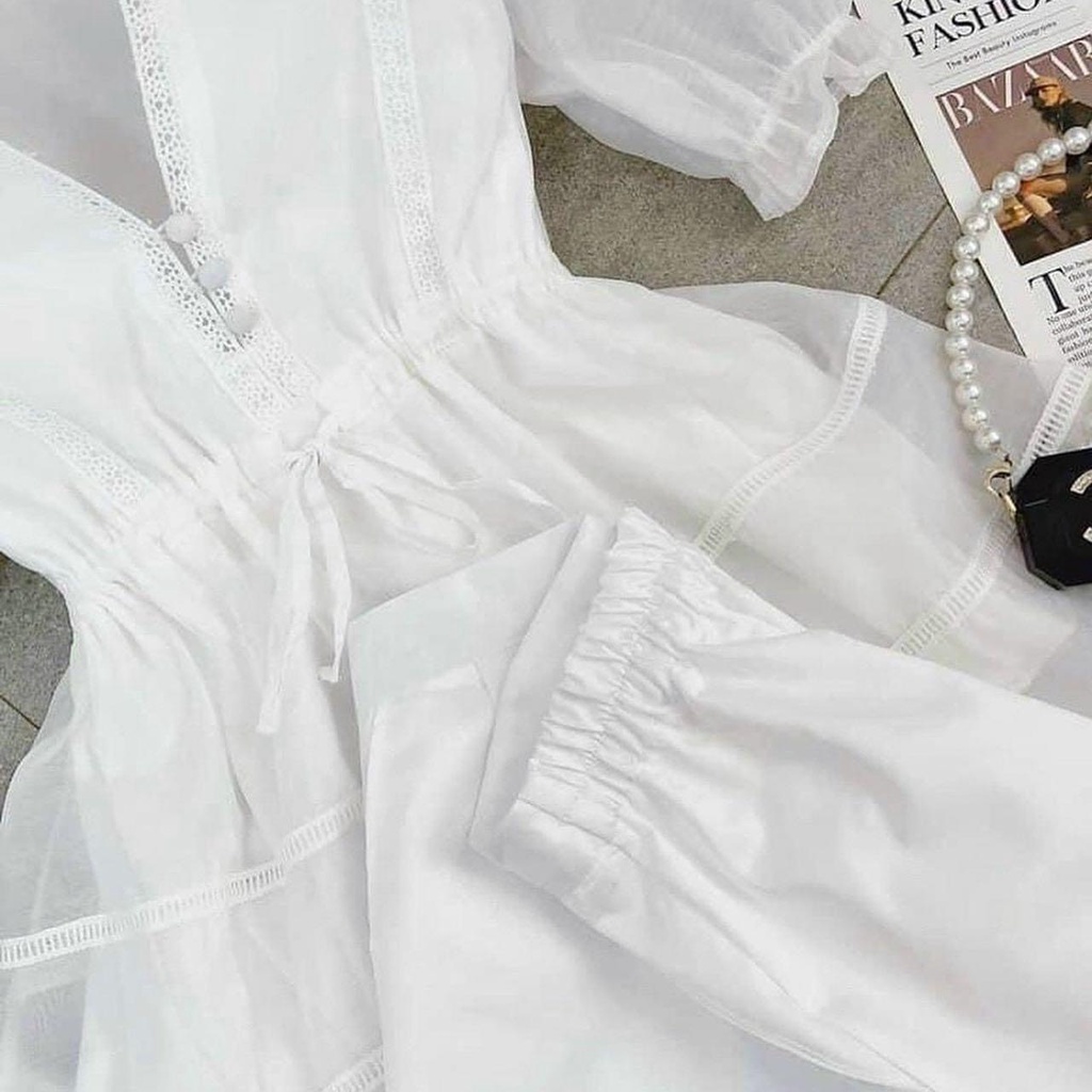 Set bộ áo babydoll 2 dây nhún ngực kèm short trắng