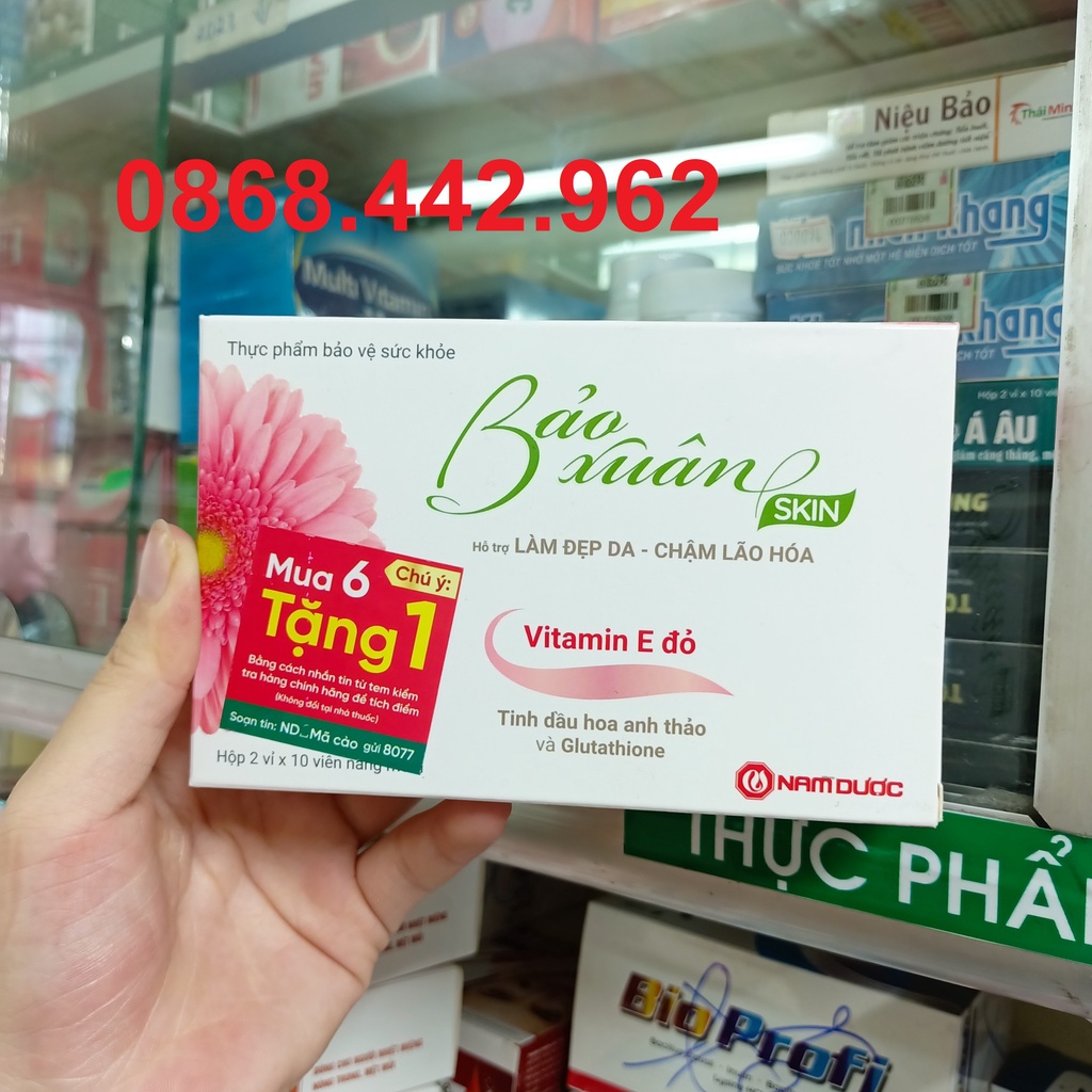 Viên Uống Bảo Xuân Skin vitamin E đỏ Da Trắng Bật Tone, Không Lo Bắt Nắng, Mờ Thâm Nám Hiệu Quả Hộp 20 viên)